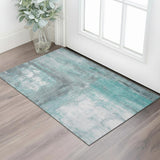 3' X 5' Teal Gray And Silver Abstract Washable Area Rug With UV Protection