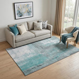 5' X 8' Teal Gray And Silver Abstract Washable Area Rug With UV Protection