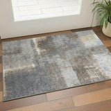 3' X 5' Khaki Silver And Blue Abstract Washable Area Rug With UV Protection