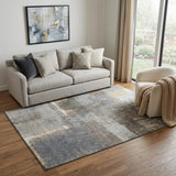5' X 8' Khaki Silver And Blue Abstract Washable Area Rug With UV Protection