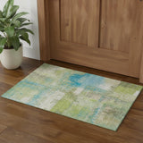 3' X 5' Lime Green Teal And Ivory Abstract Washable Area Rug With UV Protection