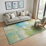 5' X 8' Lime Green Teal And Ivory Abstract Washable Area Rug With UV Protection