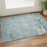 3' X 5' Teal Gold And Ivory Oriental Washable Area Rug With UV Protection