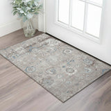 3' X 5' Taupe Blue And Beige Oriental Washable Area Rug With UV Protection