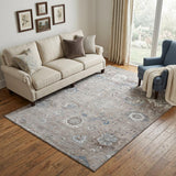 5' X 8' Taupe Blue And Beige Oriental Washable Area Rug With UV Protection