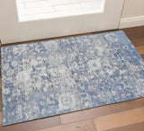 3' X 5' Blue Gray And Silver Floral Washable Area Rug With UV Protection