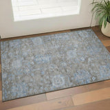 3' X 5' Gray And Blue Floral Washable Area Rug With UV Protection