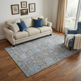 5' X 8' Gray And Blue Floral Washable Area Rug With UV Protection
