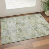 3' X 5' Artichoke Green Ivory And Gray Striped Washable Area Rug With UV Protection