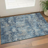 3' X 5' Navy Blue Ivory And Gray Striped Washable Area Rug With UV Protection