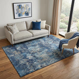 5' X 8' Navy Blue Ivory And Gray Striped Washable Area Rug With UV Protection