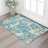 3' X 5' Denim Blue Ivory And Green Abstract Washable Area Rug With UV Protection