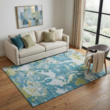 5' X 8' Denim Blue Ivory And Green Abstract Washable Area Rug With UV Protection