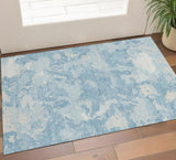 3' X 5' Sky Blue And Ivory Abstract Washable Area Rug With UV Protection