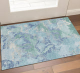 3' X 5' Pale Aqua Ivory And Gray Abstract Washable Area Rug With UV Protection
