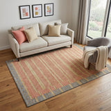 5' X 8' Pewter Salmon And Gold Striped Washable Area Rug With UV Protection