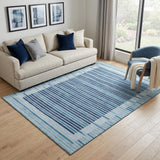 5' X 8' Sky Blue Ivory And Navy Blue Striped Washable Area Rug With UV Protection