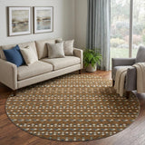 8' X 8' Brown Gray And Ivory Striped Washable Round Rug With UV Protection