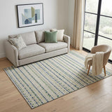 5' X 8' Linen Green And Blue Striped Washable Area Rug With UV Protection