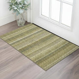 3' X 5' Artichoke Green Beige And Gray Striped Washable Area Rug With UV Protection
