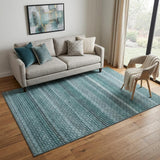 5' X 8' Teal Gray And Ivory Striped Washable Area Rug With UV Protection