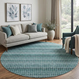 8' X 8' Teal Gray And Ivory Striped Washable Round Rug With UV Protection