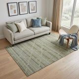 5' X 8' Artichoke Green And Ivory Geometric Washable Area Rug With UV Protection