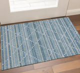 3' X 5' Denim Blue Ivory And Teal Geometric Washable Area Rug With UV Protection