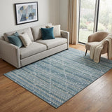 5' X 8' Denim Blue Ivory And Teal Geometric Washable Area Rug With UV Protection