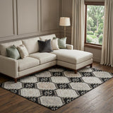 8' Black Silver And Gray Floral Washable Area Rug With UV Protection