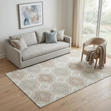 5' X 8' Ivory Brown And Gray Floral Washable Area Rug With UV Protection