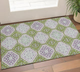 3' X 5' Lime Green Ivory And Purple Floral Washable Area Rug With UV Protection
