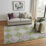 5' X 8' Lime Green Ivory And Purple Floral Washable Area Rug With UV Protection