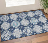 3' X 5' Navy Blue And Ivory Floral Washable Area Rug With UV Protection