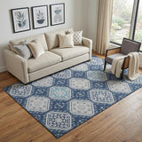 5' X 8' Navy Blue And Ivory Floral Washable Area Rug With UV Protection