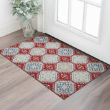 3' X 5' Red Navy Blue And Ivory Floral Washable Area Rug With UV Protection