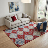5' X 8' Red Navy Blue And Ivory Floral Washable Area Rug With UV Protection