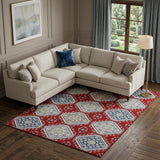 8' Red Navy Blue And Ivory Floral Washable Area Rug With UV Protection