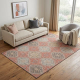 5' X 8' Salmon Beige And Gray Floral Washable Area Rug With UV Protection