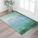3' X 5' Teal And Aqua Striped Washable Area Rug With UV Protection