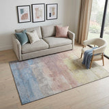 5' X 8' Beige Salmon And Blue Abstract Washable Area Rug With UV Protection