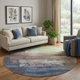 8' X 8' Coffee Green And Blue Abstract Washable Round Rug With UV Protection