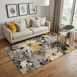 5' X 8' Black Gray And Wheat Floral Washable Area Rug With UV Protection