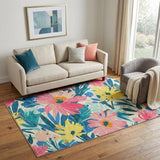 5' X 8' Blush Yellow And Blue Floral Washable Area Rug With UV Protection