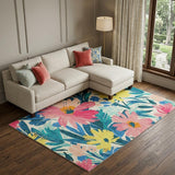 8' Blush Yellow And Blue Floral Washable Area Rug With UV Protection