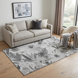 5' X 8' Gray Silver And Charcoal Floral Washable Area Rug With UV Protection