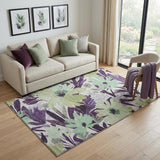 5' X 8' Purple Green And Ivory Floral Washable Area Rug With UV Protection