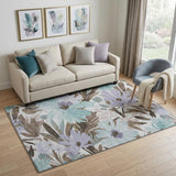 5' X 8' Taupe Blue And Lavender Floral Washable Area Rug With UV Protection
