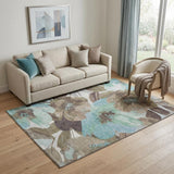 5' X 8' Khaki Teal And Green Floral Washable Area Rug With UV Protection