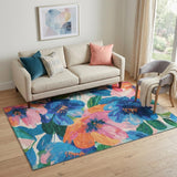 5' X 8' Navy Blue Orange And Pink Floral Washable Area Rug With UV Protection